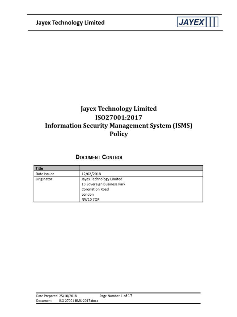 Jayex Technology ISO 27001 ISMS Policy | PDF | Information Security | Risk