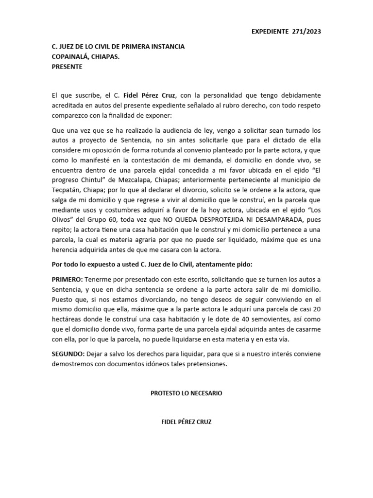 Solicitud de Sentencia en Divorcio Incausado | PDF