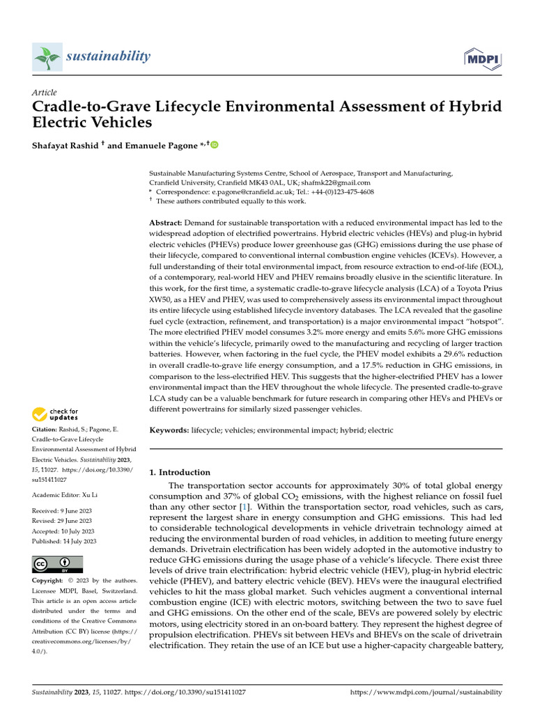 CradleToGrave Lifecycle Environmental Assessment of Hybrid PDF