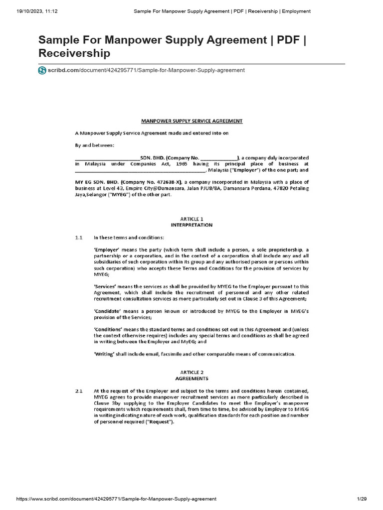Sample For Manpower Supply Agreement PDF Receivership Employment