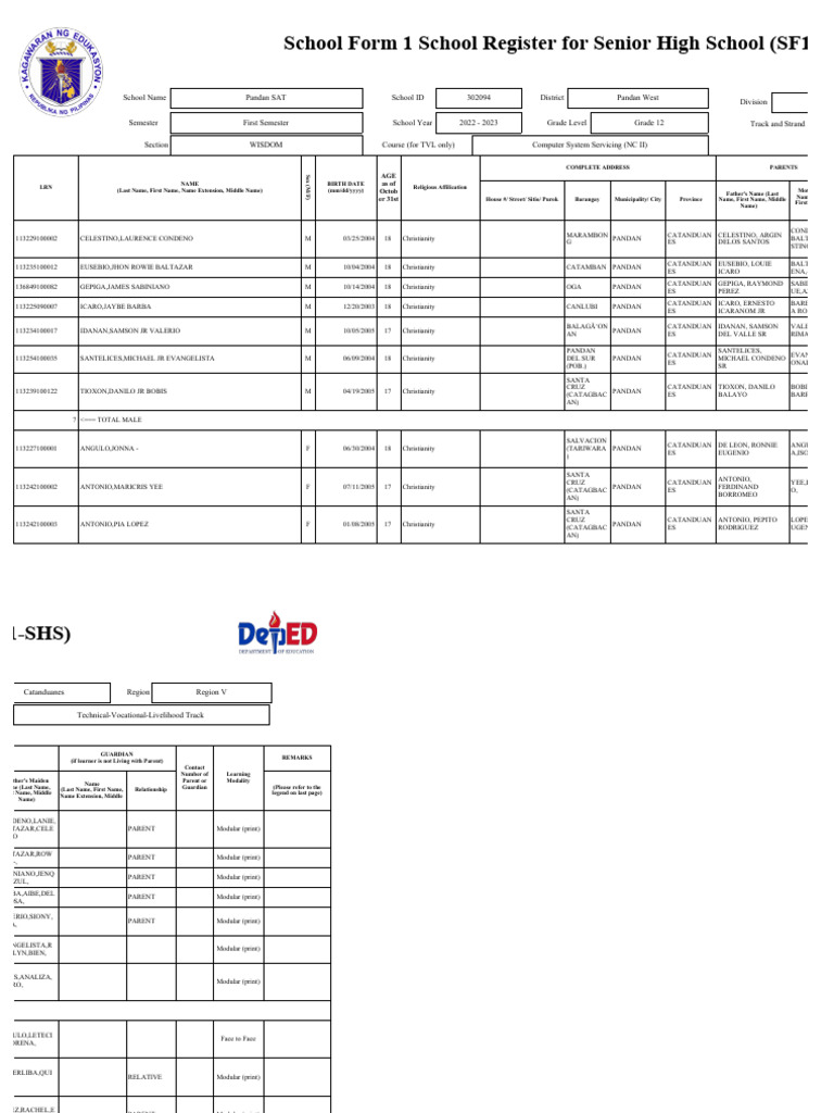 Senior High School Register SF1-SH | PDF