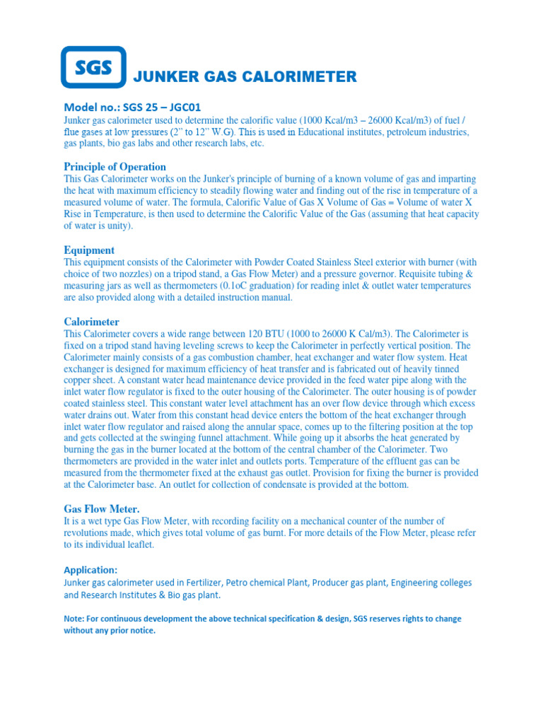 Junker Gas Calorimeter PDF Gases Temperature