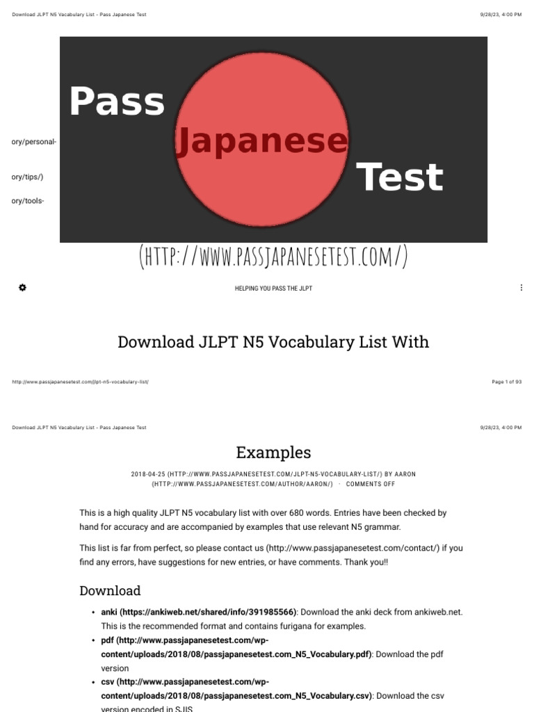 JLPT N5 Vocabulary List Download | PDF | Japanese Language