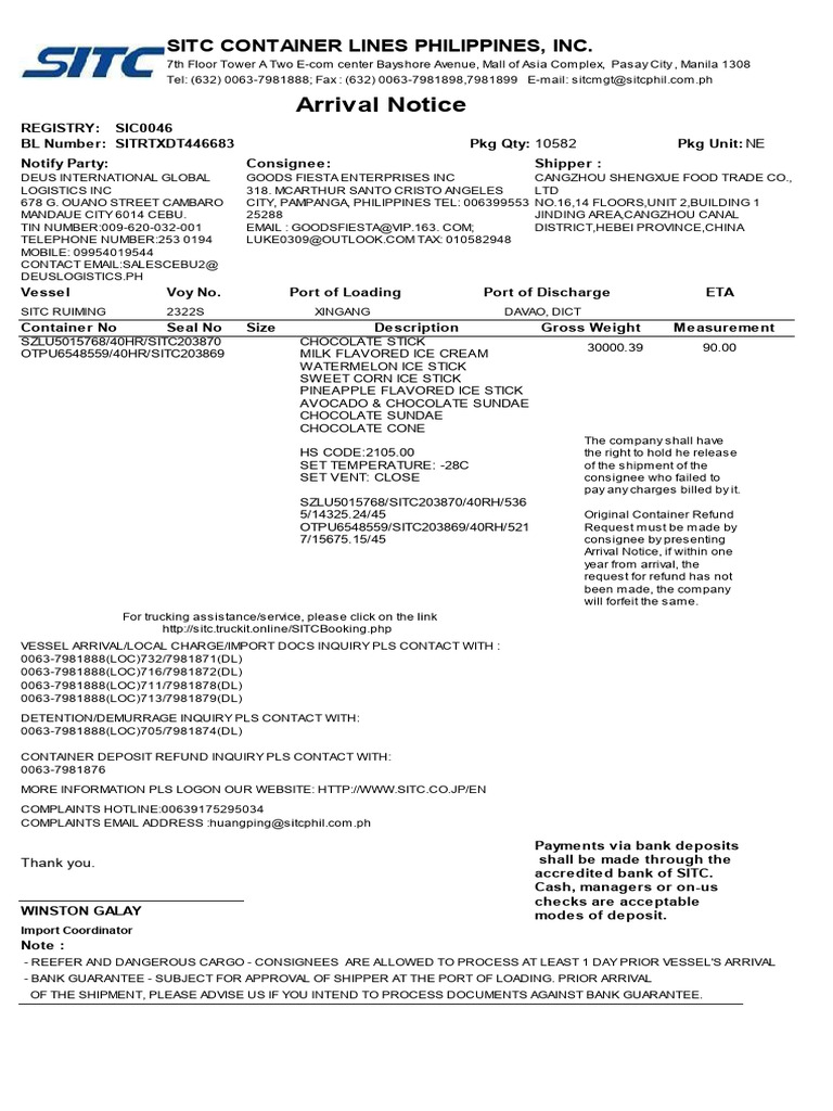 SITC Arrival Notice and Contact Info | PDF