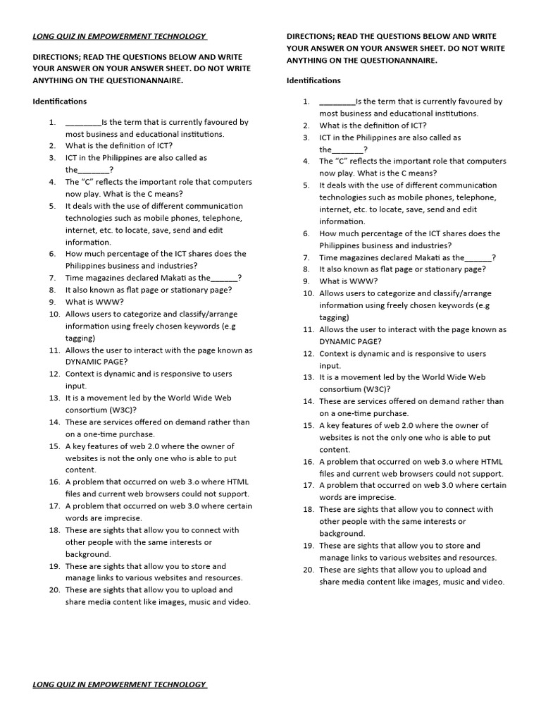 Empowerment Technology Quiz Guide | PDF | World Wide Web | Internet & Web