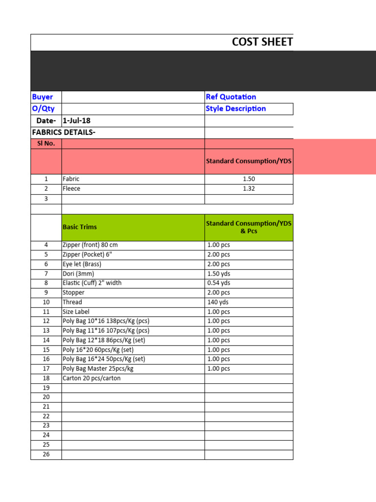 Raw Material Costing Format