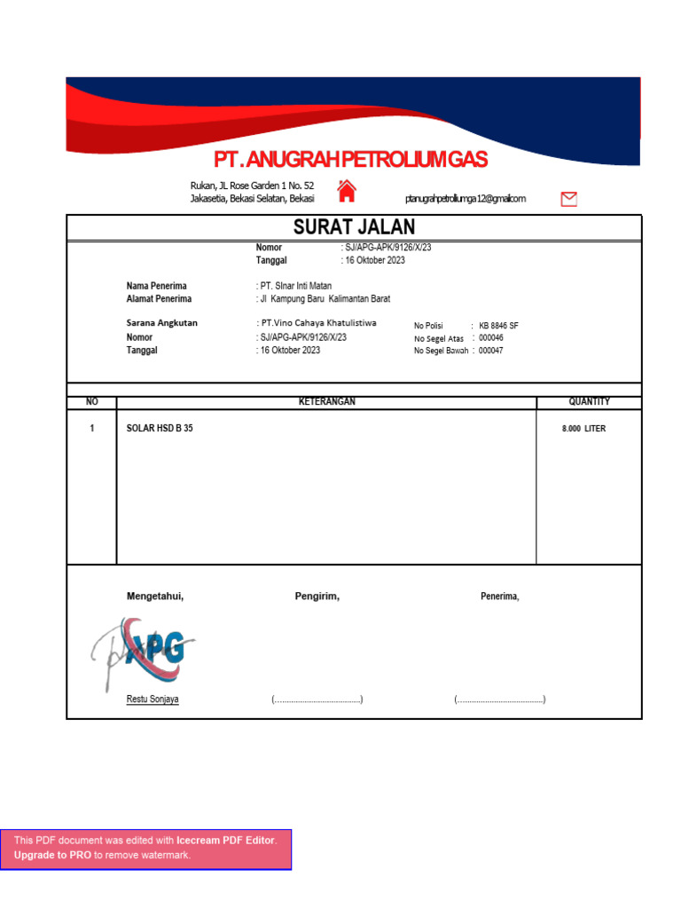 Surat Jalan PT Sinar Inti Matan. KB 8846 SF | PDF