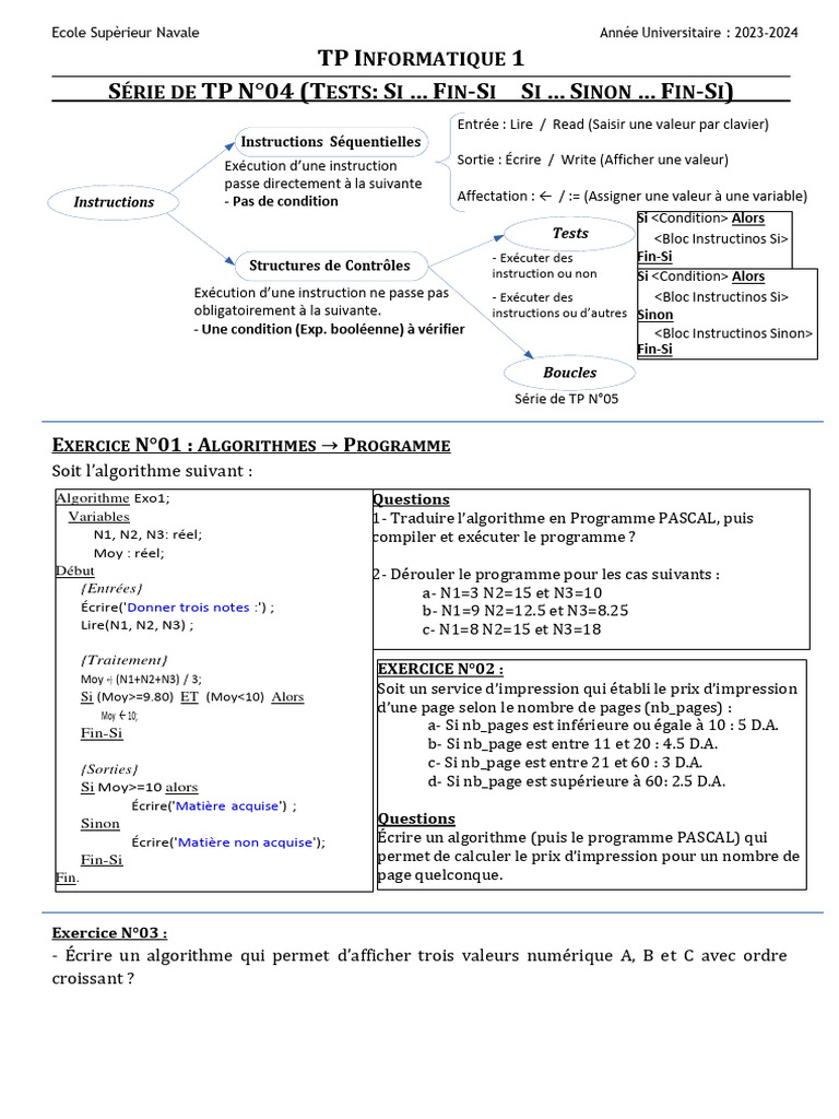 TP Informatique 1 : Tests et Algorithmes | PDF | Programme informatique ...