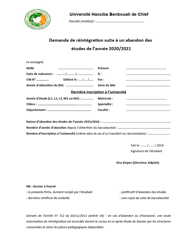 Demande de réintégration universitaire | PDF | Évolution de carrière