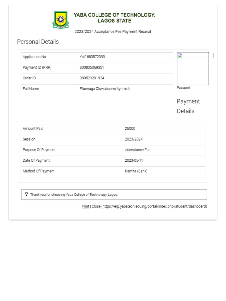 YABATECH 2023/2024 Acceptance Fee Receipt | PDF