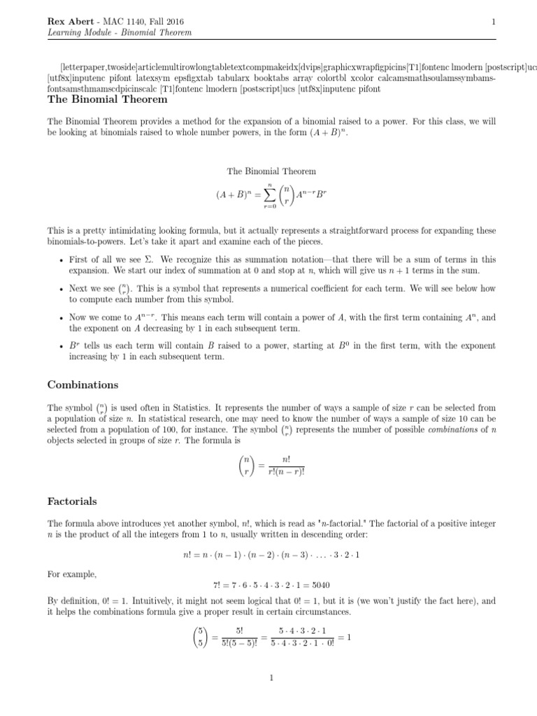 Binomial Theorem | PDF | Summation | Arithmetic