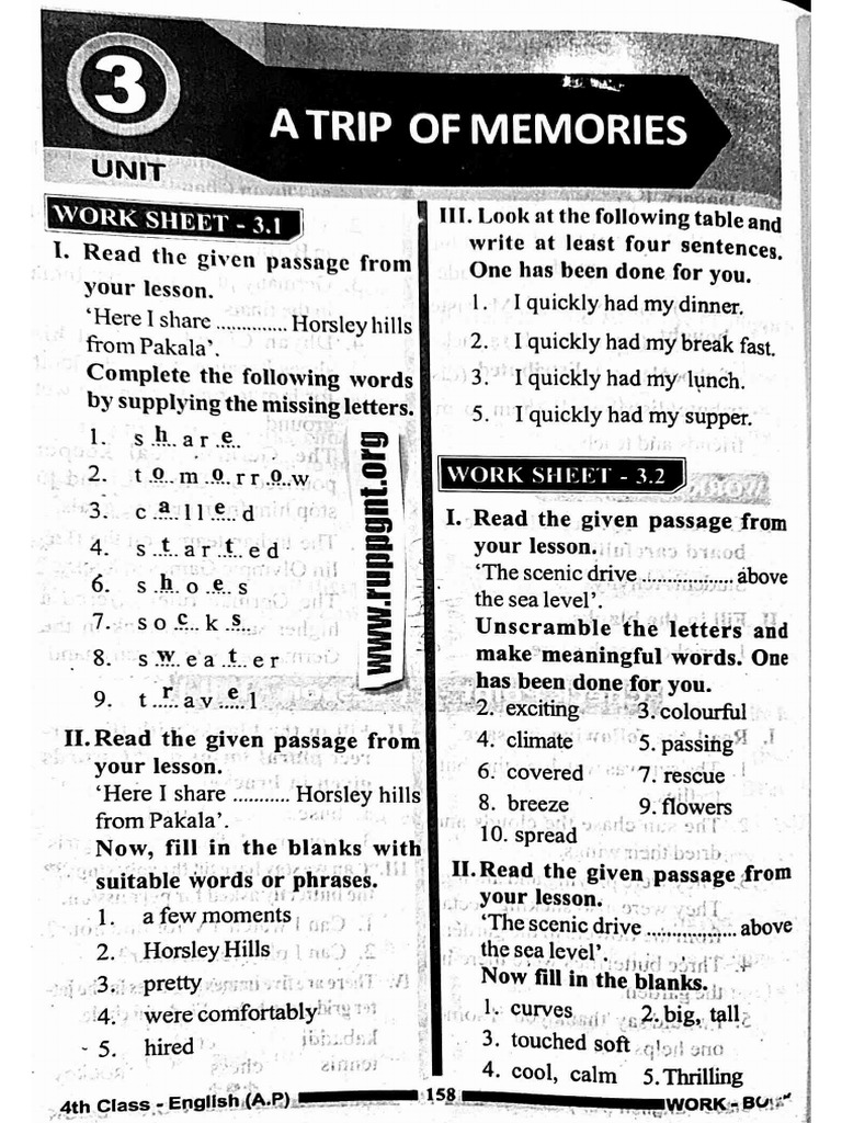4th eng a trip of memories work sheets pdf