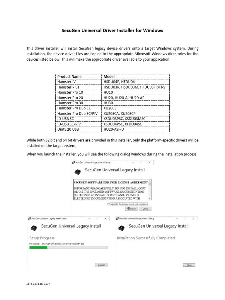 SecuGen Universal Driver Installer For Windows (SG1-0033U-001) | PDF