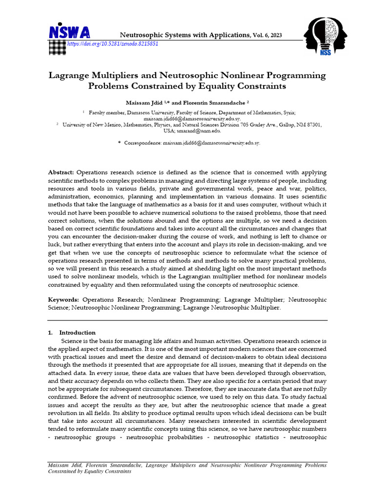 Lagrange Multipliers and Neutrosophic Nonlinear Programming Problems ...