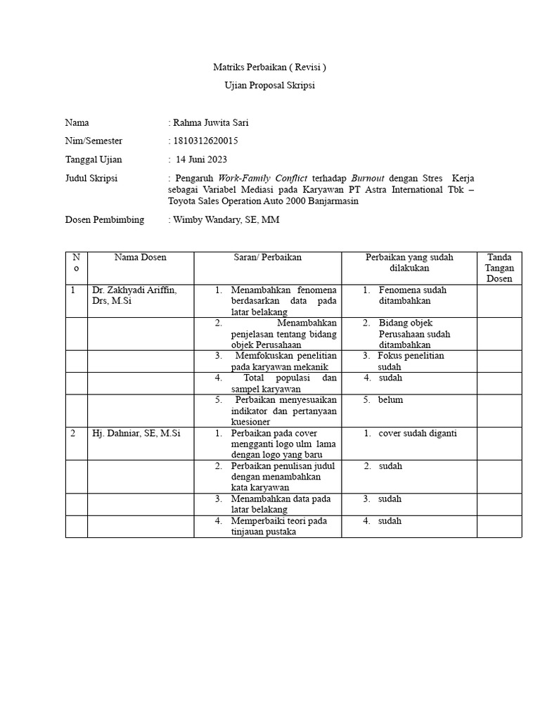 Matriks Revisi Proposal Skripsi | PDF | Karier & Perkembangan