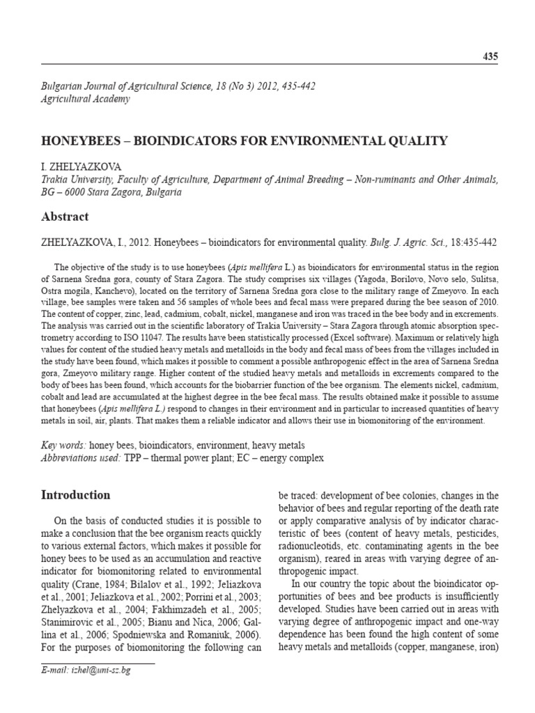 Honeybees - Bioindicators For Environmental Quality - 2012 | PDF ...