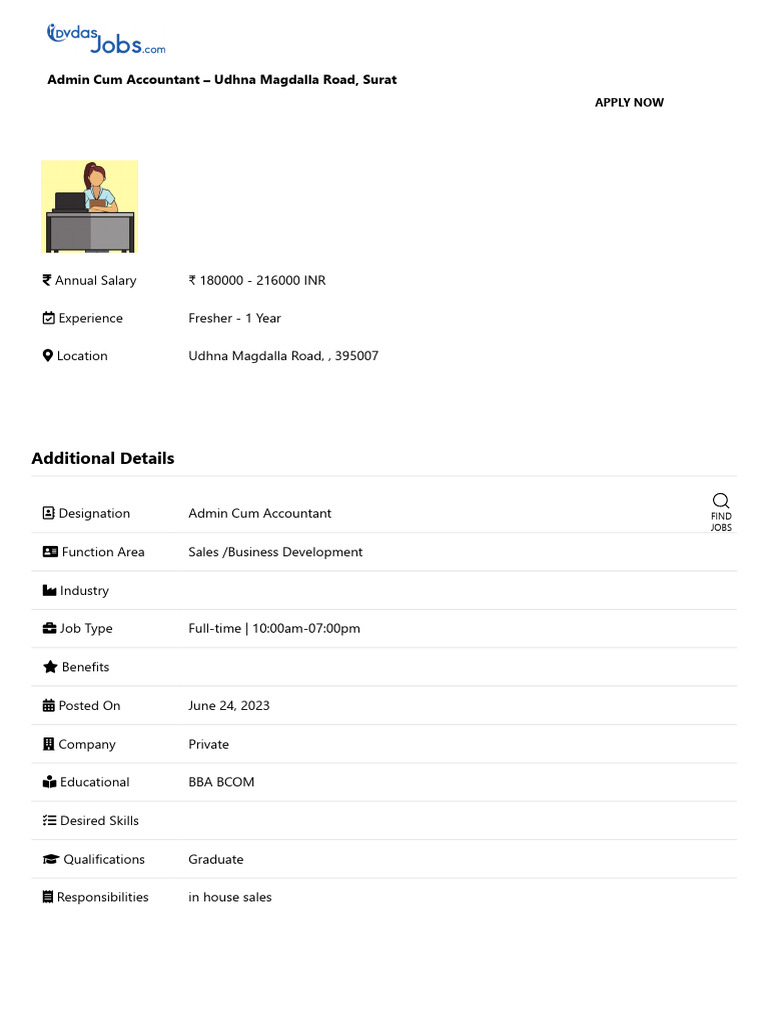 Admin Cum Accountant - Udhna Magdalla Road, Surat Gujarat | PDF | Sales ...