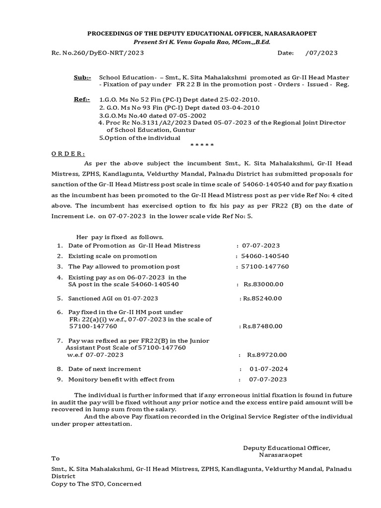 Proceedings of the deputy educational officer narasaraopet present sri
