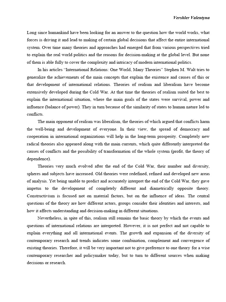 Evolution of International Relations Theories | PDF | International ...