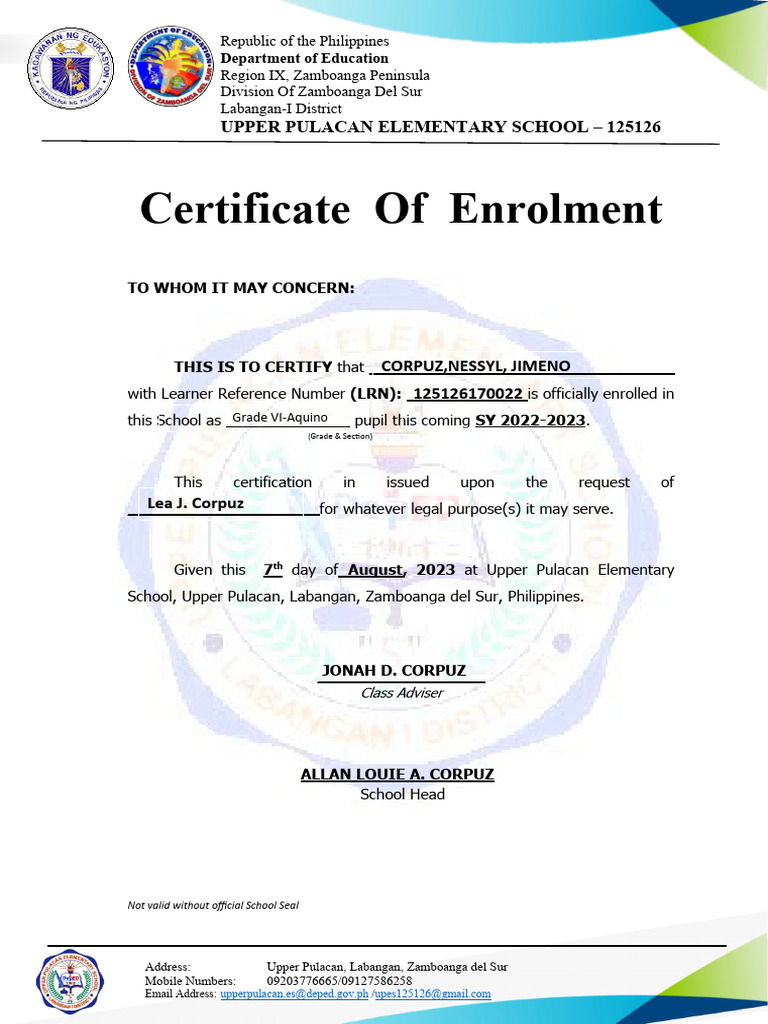 Enrolment Certification PDF Philippines