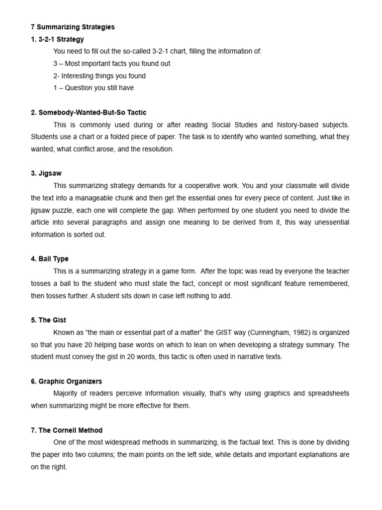Summarizing and 7 Summarizing Strategies | PDF | Information | Human ...