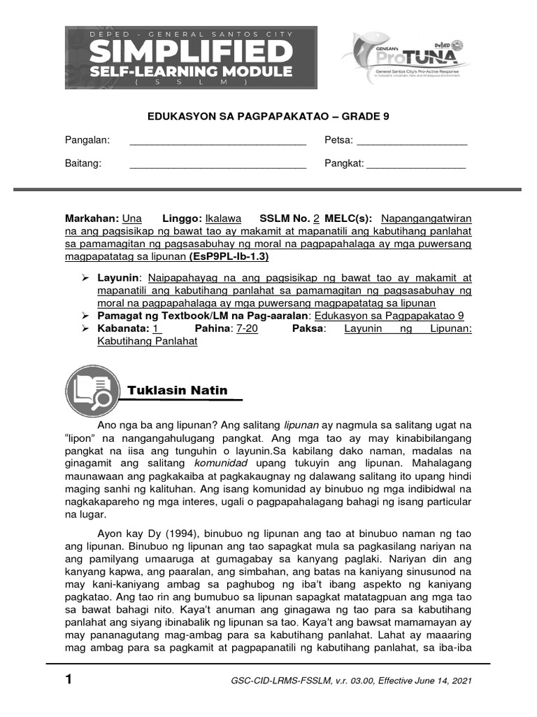 Esp9 Quarter 1 Sslm 2 Layunin Ng Lipunan Kabutihang Panlahat Pdf