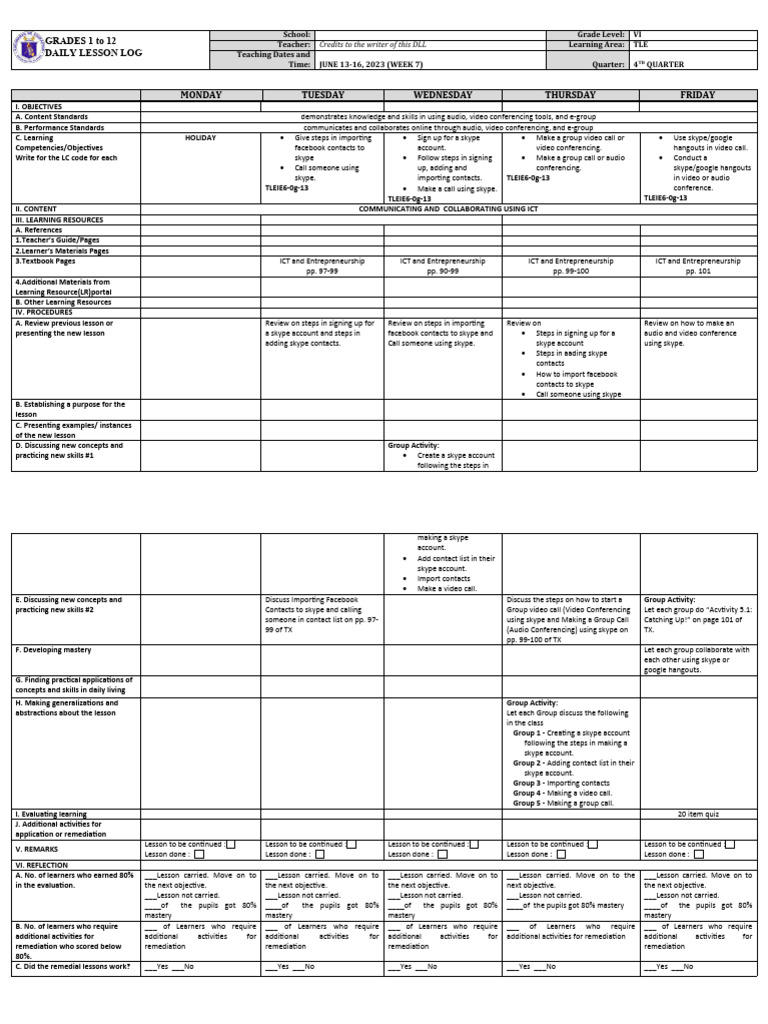 DLL - Tle 6 - Q4 - W7 | PDF | Educational Technology | Videotelephony