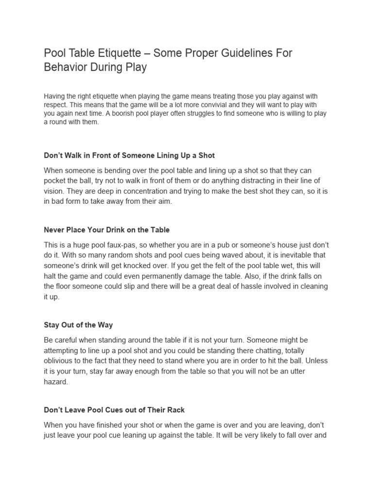 Pool Table Etiquette Pdf Pool Cue Sports Indoor Sports