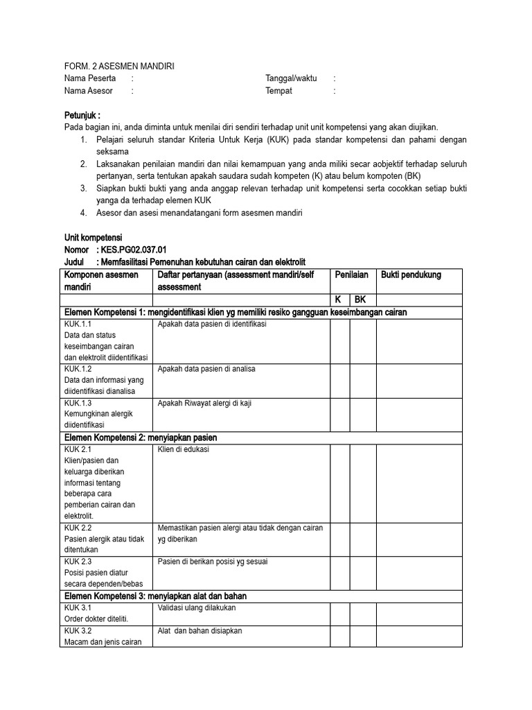 FORM 2 - Self Assessment - Memfasilitasi Kebutuhan Pemenuhan Cairan | PDF
