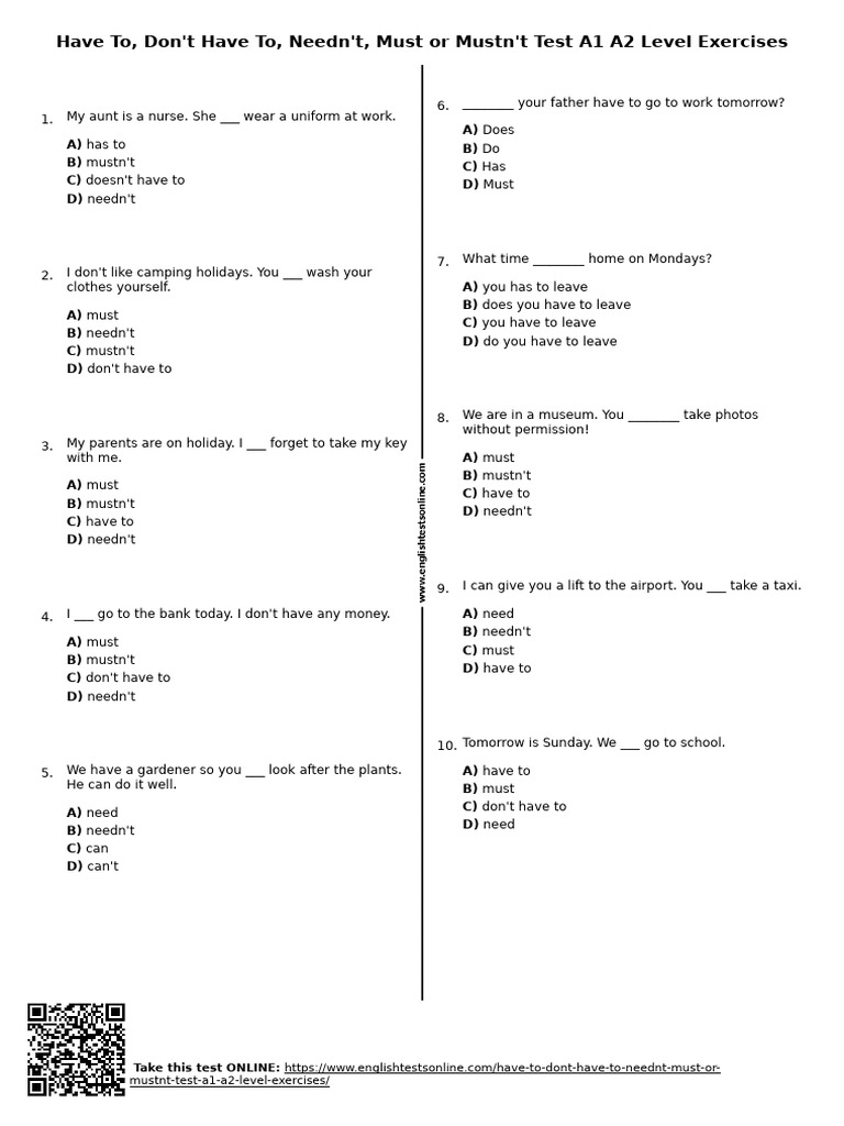 430 have to dont have to neednt must or mustnt test a1 a2 level