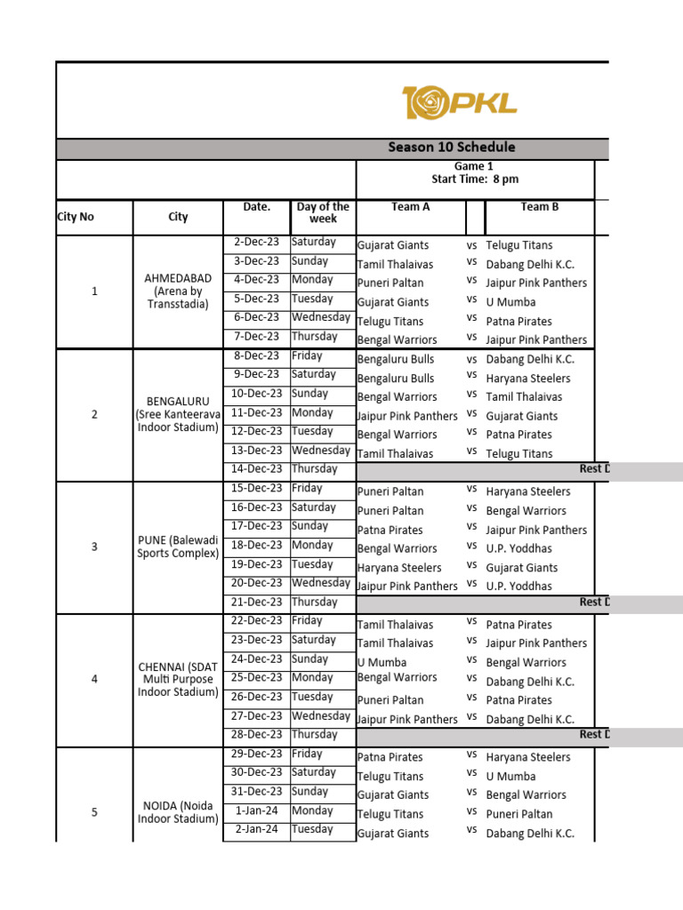 Pro Kabaddi League Season 10 Schedule PDF