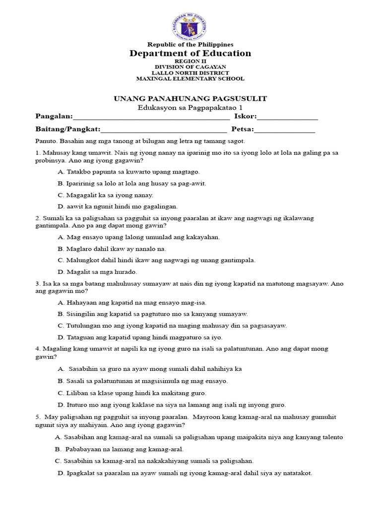 Q1 Periodical Test In Esp 1 Pdf