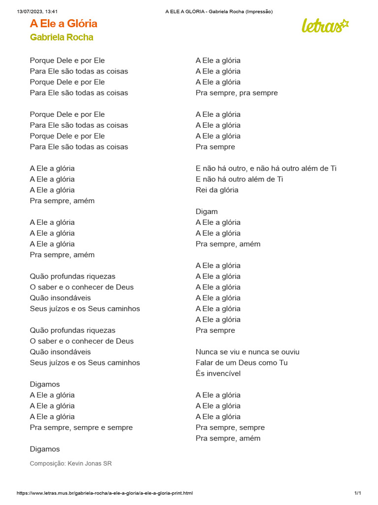 A ELE A GLÓRIA - Gabriela Rocha (Impressão) | PDF