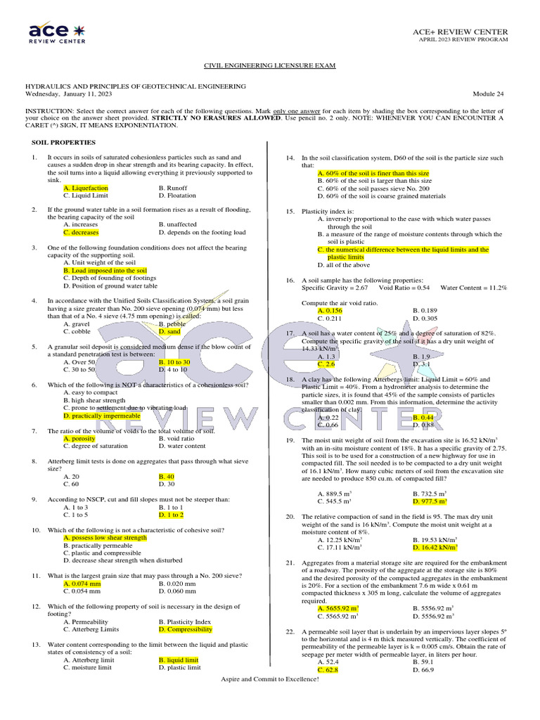CE Module 24 Soil Properties (Answer Key) PDF Soil Mechanics Soil