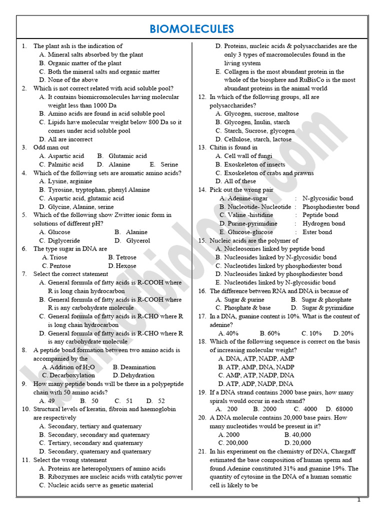 9 BiomoleculesEntrance Questions PDF Enzyme Dna