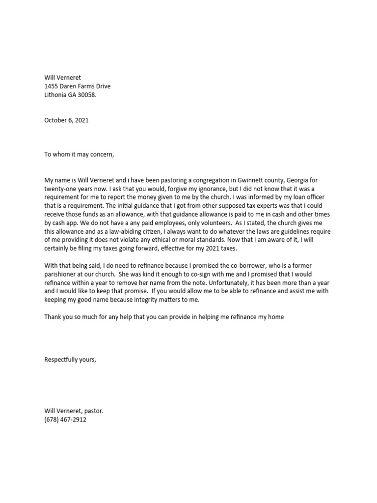 Pastor's Request for Home Refinance Assistance | PDF
