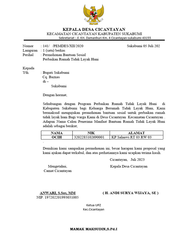 Surat Permohonan Bantuan RTLH | PDF