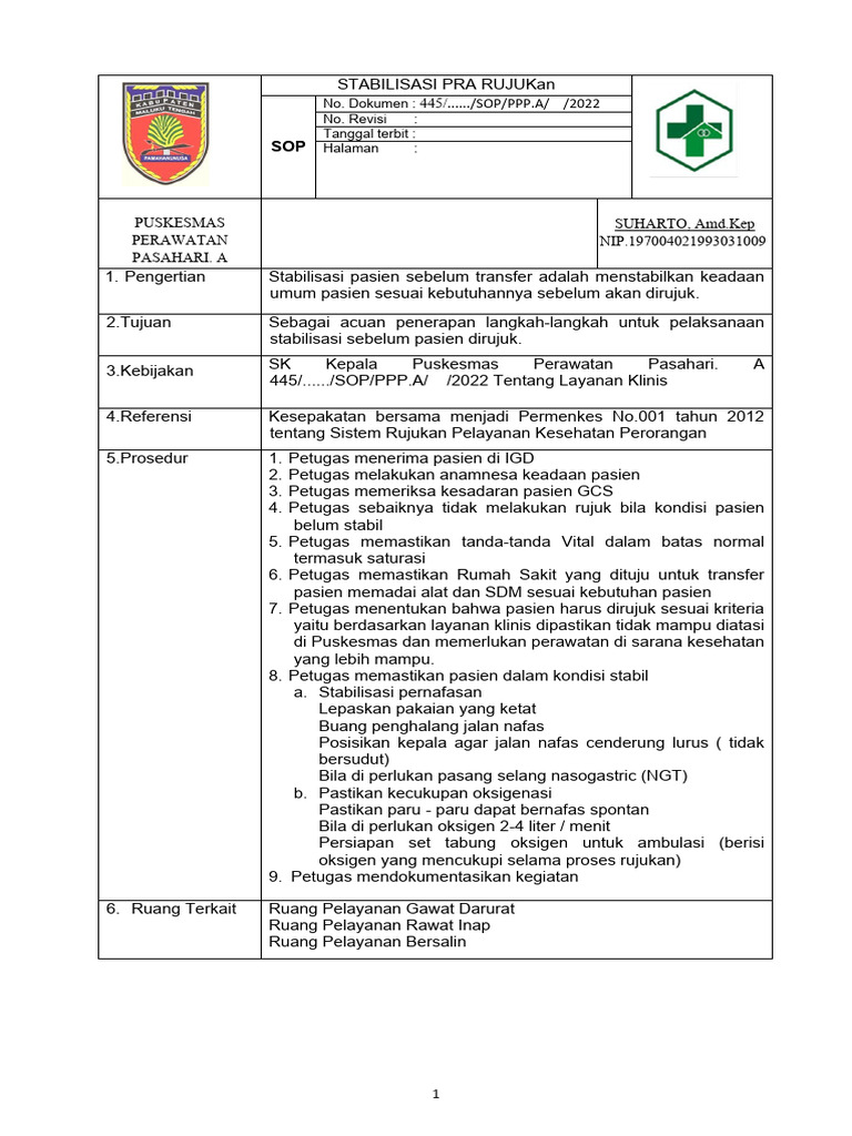 SOP Stabilisasi Pra Rujukan | PDF | Kesehatan Holistik