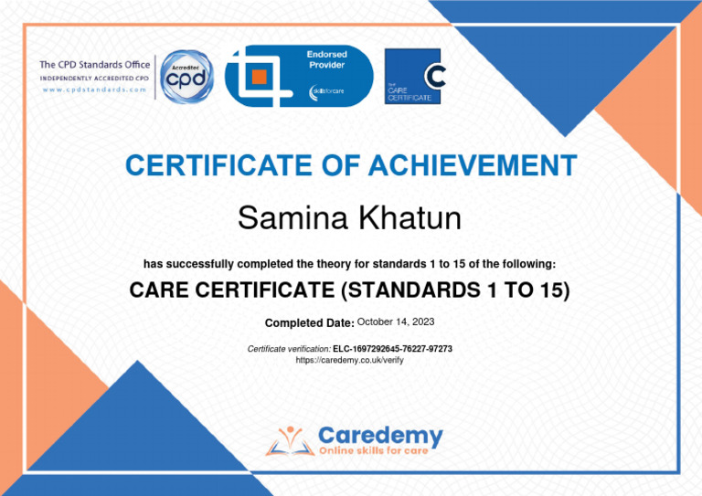 Samina Khatun Care Certificate Standards 1 To 15 Care Certificate