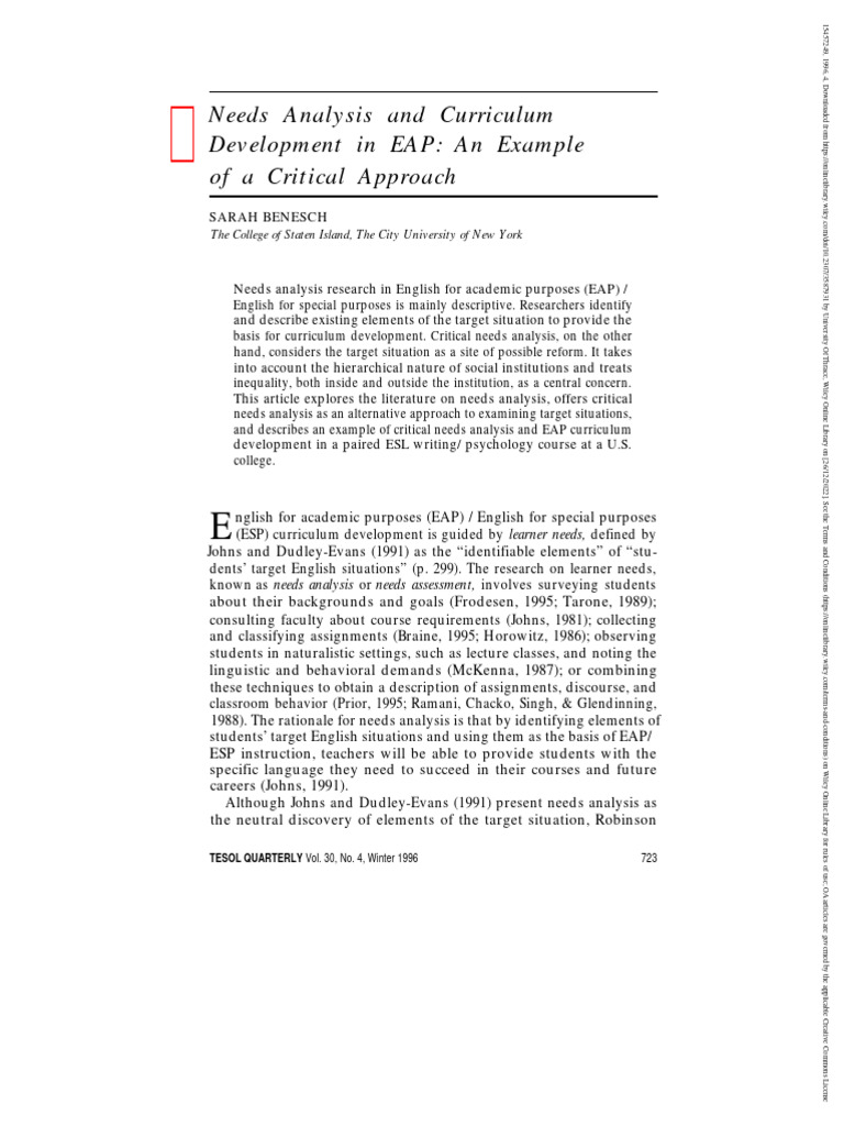 Critical Needs Analysis in EAP Curriculum | PDF | English As A Second ...