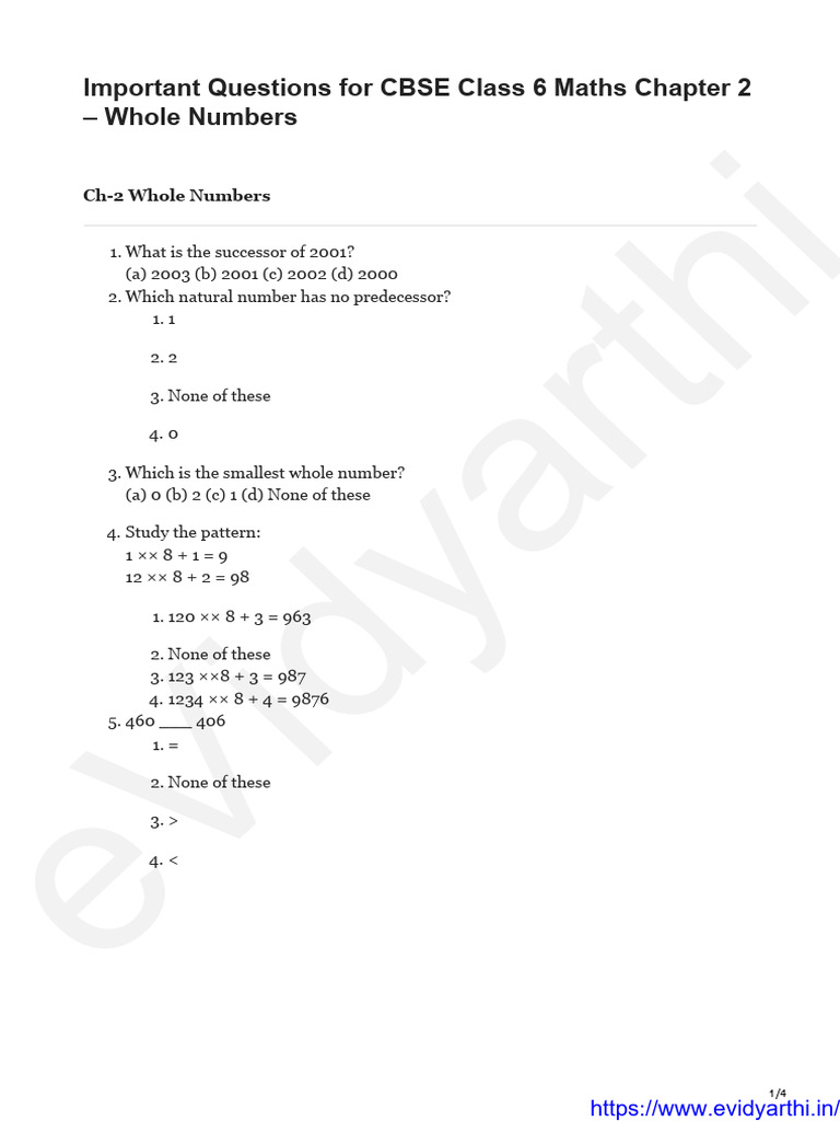 Important Questions For CBSE Class 6 Maths Chapter 2 Whole Numbers ...