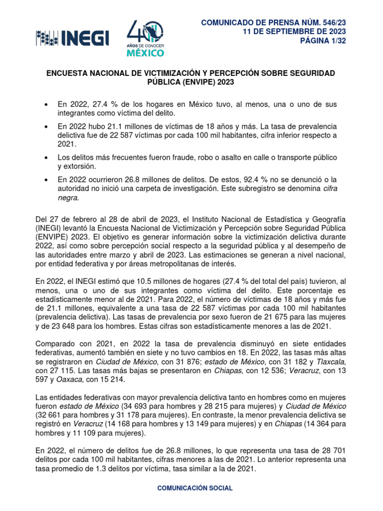 Resultados ENVIPE 2023: Victimización en México | PDF | Victimologia ...