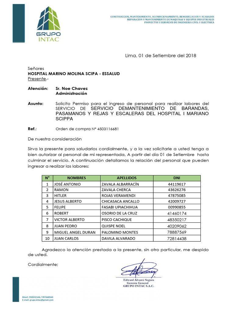 CARTA DE INGRESO HOSPITAL MARINO MOLINA SCIPA | PDF