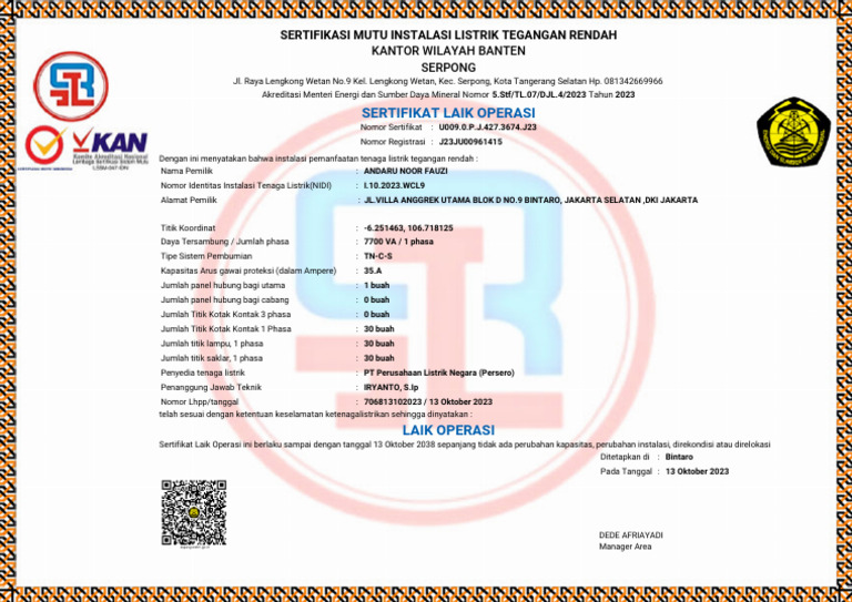 Sertifikat Laik Operasi Andaru Noor Fauzi | PDF