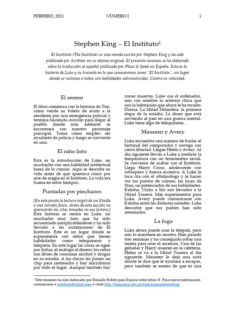 Resumen de "El Instituto" de Stephen King | PDF | Stephen King
