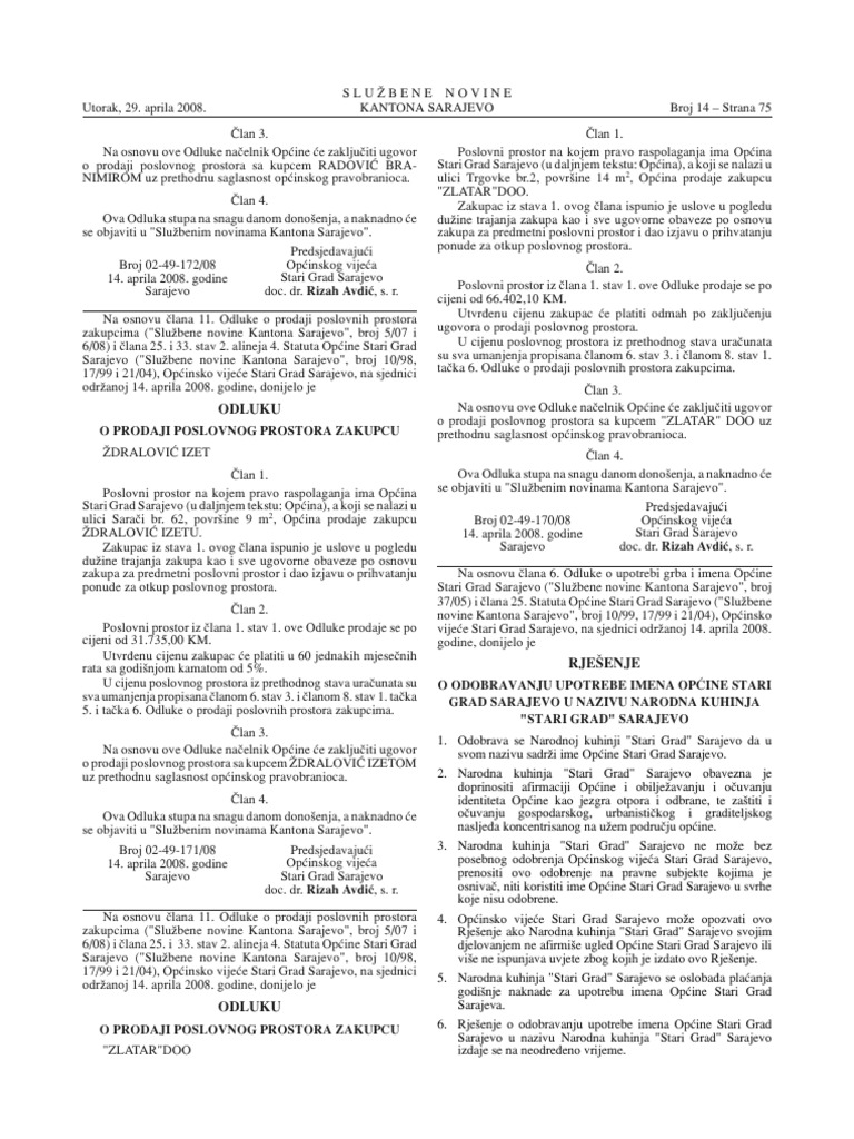 Rje enje O Odobravanju Upotrebe Imena Op ine Stari Grad Sarajevo U 
