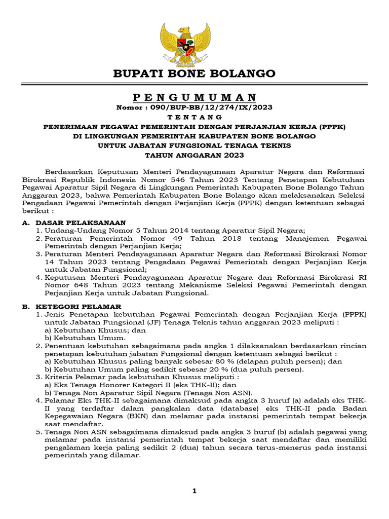 4 Pengumuman PPPK JF Tenaga Teknis T A 2023 | PDF