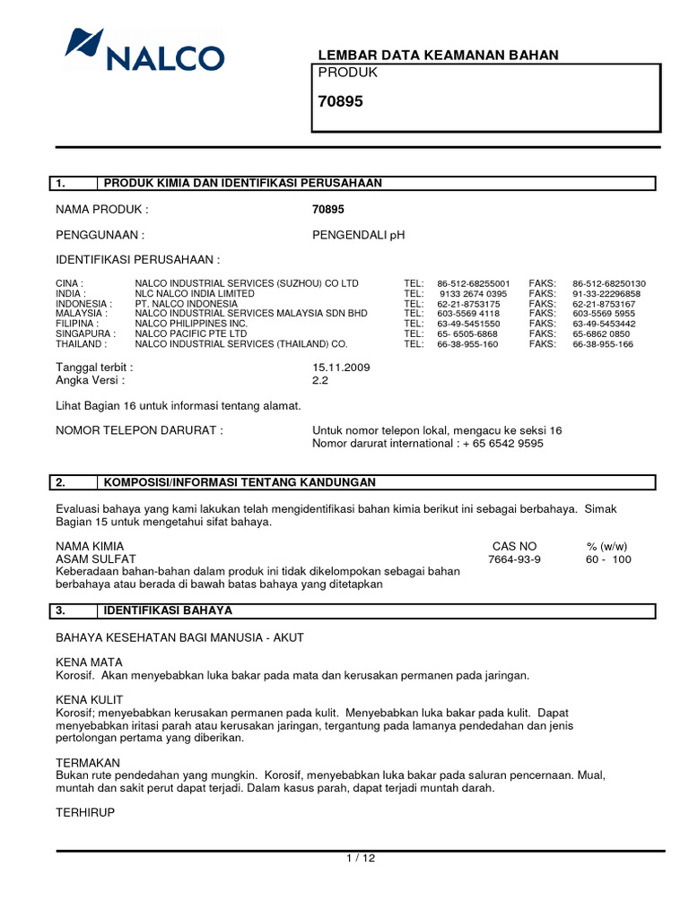 Nalco 70895 MSDS PDF