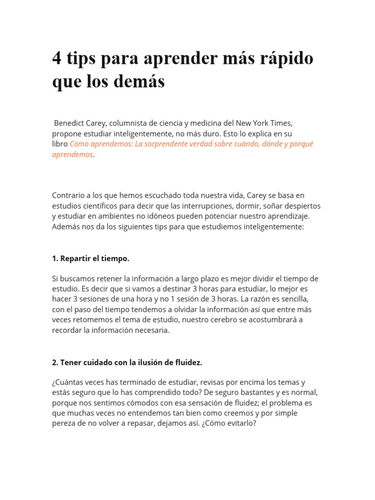 Tips para aprender más rápido | PDF | Dormir | Aprendizaje