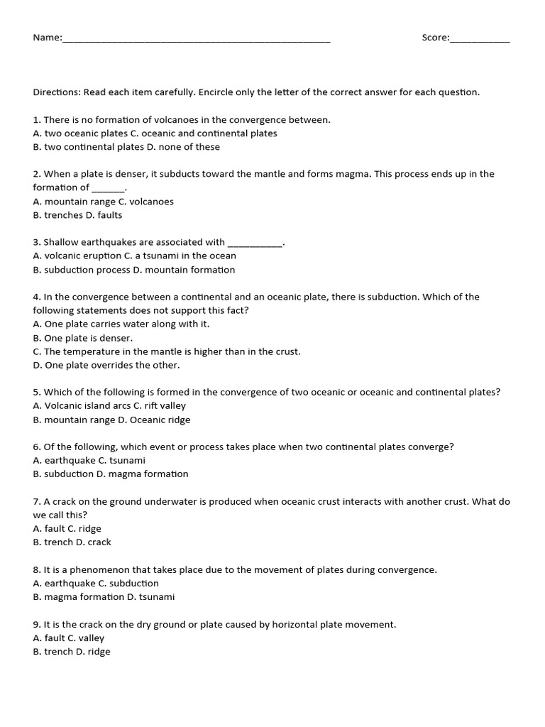 Plate Boundaries Quiz PDF Plate Tectonics Geology